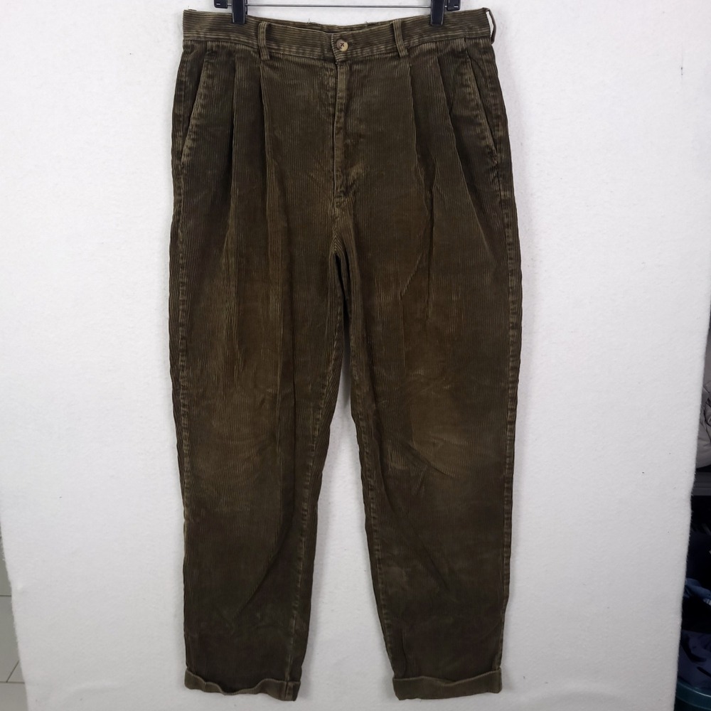 Gap Corduroy Pants Mens Relaxed Fit Pleated Olive 36x34 Fit 34x32 cuffed